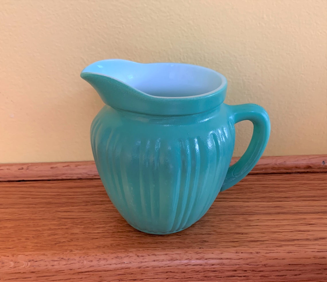 Vintage green milk glass creamer ribbed small pitcher Etsy