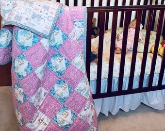 Pink Baby Quilt, Baby Quilt, Handmade Quilt, Baby Blanket, Nursery Quilt, Crib Quilt, Crib Blanket, Nursery Blanket, Zoo Animals, Diamond
