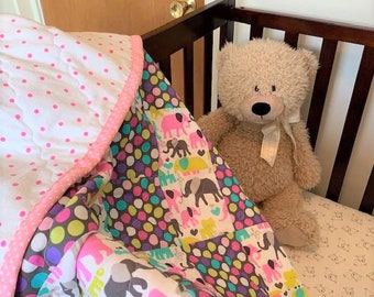 Pink Baby Quilt, Baby Quilt, Handmade Quilt, Baby Blanket, Nursery Quilt, Crib Quilt, Crib Blanket, Nursery Blanket, Elephant, Polka Dots