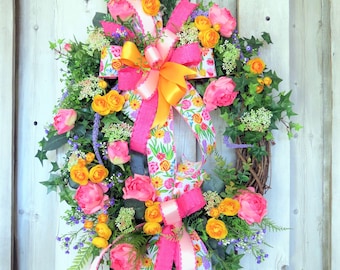 Spring wreath, Easter wreath, Front door wreath, Summer wreath, Rose wreath, pink wreath, grapevine wreath, wreath with bow
