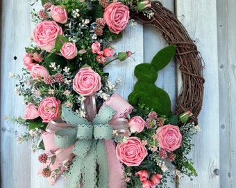 Easter wreath XL, Spring wreath, Easter Bunny wreath, Front door wreath, Bunny wreath, Rose wreath