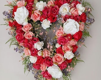 Heart Wreath, Pink & Purple Silk Roses, Valentine's Day Decor