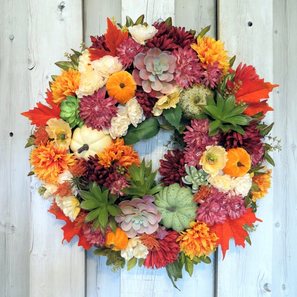 Fall wreath, Pumpkin  wreath, Autumn wreath, Thanksgiving wreath Succulent wreath Couronne d'automne Halloween wreath, Gift for Thanksgiving