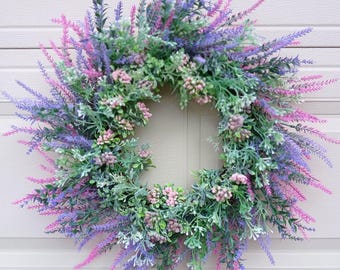 Lavender Grapevine Wreath, Pink Purple White Floral, Spring Summer Decor