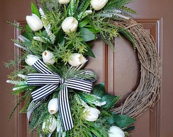 White Tulip Spring Wreath, Farmhouse Beaded Grass Door Decor, Easter Welcome Home