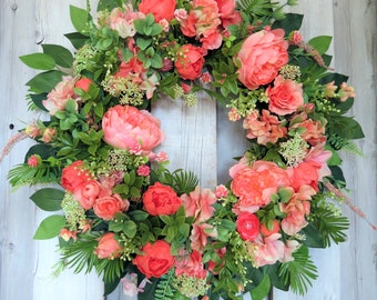 Spring wreath, Summer wreath, Front Door wreath, Peony wreath, Tropical wreath, Pink Wreath, Pink wreath, Spring wreath