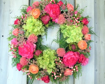 Spring wreath, Easter wreath, Summer Front Door wreath, Peony wreath, Hydrangea wreath, Pink wedding Wreath, Summer weath