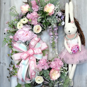 Easter Wreath, Easter Shabby chick Bunny rabbit wreath, Boho  Front Door grapevine wreath, Spring  wreath, Pink Wreath,