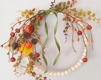 Fall wreath, Pumpkin beaded mini-wreath, Autumn Berries wreath, Bohemian Holiday wreath, Minimalist Front Door wreath, Thanksgiving wreath