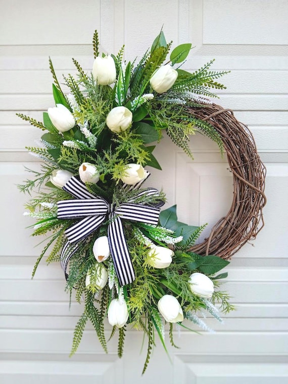 White Tulip Spring Wreath, Farmhouse Easter Door Decor, Beaded Grass Accent, Grapevine Base