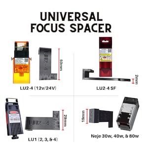 May include: A set of four laser focus spacers for different laser models. The spacers are black and have the text "LU2-4" printed on them. The spacers are designed to fit lasers from brands like AUPERO and Neje. The spacers are 50mm, 29mm, and 19mm in length.
