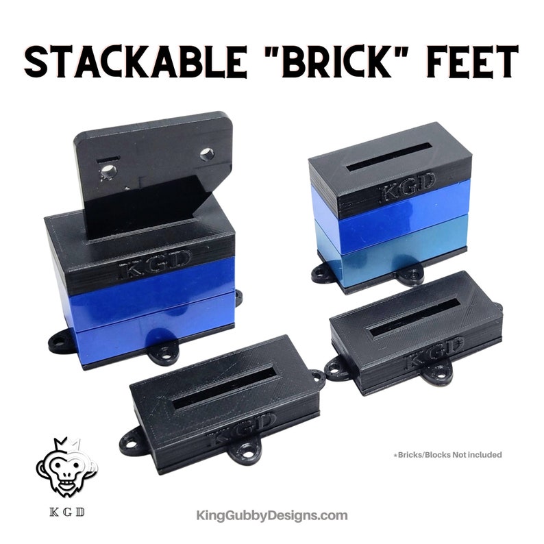 May include: Stackable "Brick" Feet for building blocks. The feet are black and have a slot for the bricks to fit into. The feet are stackable, so you can create different heights. The feet are made by KingGubbyDesigns.com. "Bricks/Blocks Not Included"