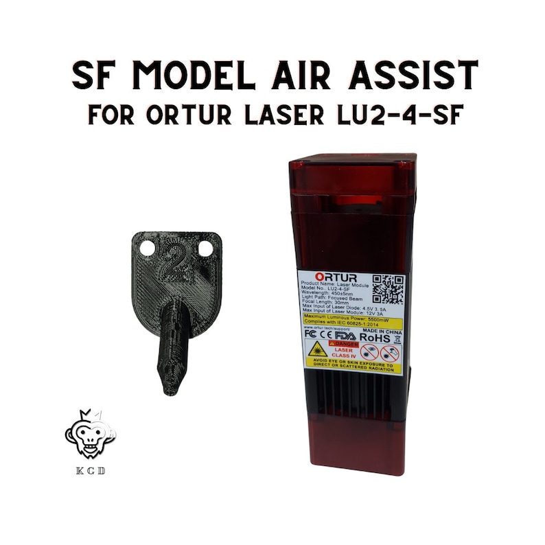 K&ouml;nnte beinhalten: Ein Luftunterst&uuml;tzungssystem f&uuml;r einen Ortur-Laser, mit dem Text "SF MODEL AIR ASSIST FOR ORTUR LASER LU2-4-SF". Das Bild zeigt eine schwarze 3D-gedruckte Halterung und ein rotes Lasermodul mit Produktinformationen.