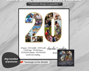 May include: A personalized photo collage featuring the number 20, filled with multiple images. The text reads "Any Age, Year or Number" and "Digital + Printed • Money Back Guarantee." Additional text includes "Any number of pictures" and "message us for details."