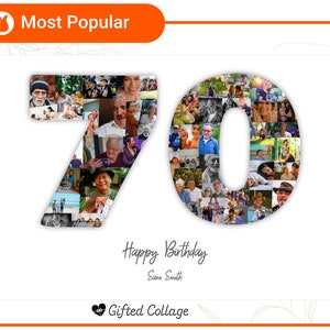 Collage de fotos de 70 cumpleaños, aniversario de cumpleaños, collage de lienzo impreso, madera, collage de fotos de números, regalo de recuerdo, lienzo, regalo