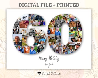 May include: A white background with a photo collage of the numbers 60. The numbers are made up of smaller photos. The text "Happy Birthday Sam Smith" is below the numbers. The text "Gifted Collage" is at the bottom of the image.