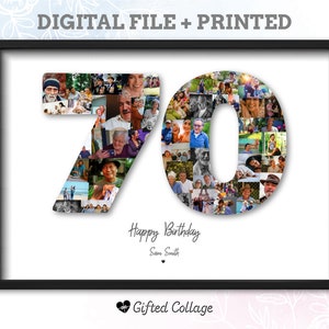 70th Birthday Photo Collage, Personalized custom number picture digital A4 printable men women anniversary gift present idea for him her