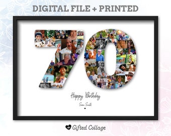 70th Birthday Photo Collage, Personalized custom number picture digital A4 printable men women anniversary gift present idea for him her