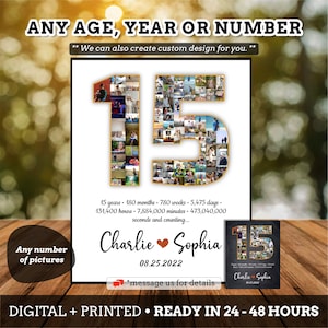15 year Anniversary gift for couple, 15th marriage custom photo, 15th photo collage, Personalized Photo Fifteen Years Anniversary Gift #AN01
