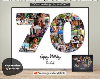Collage de fotos para el 70 cumpleaños, collage de fotos con números, regalo para el 70 cumpleaños, regalo para el 70 aniversario