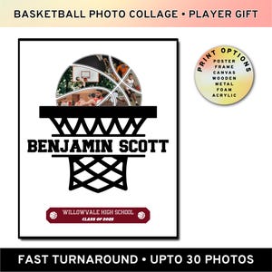 Collage de fotos de baloncesto, regalo para la noche de graduación de un jugador, recuerdo único de agradecimiento, impresión artística personalizada, póster de baloncesto en lienzo
