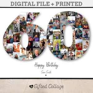 60th Birthday Photo Collage, Personalized custom number picture digital A4 printable men women anniversary gift present idea for him her