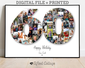 60th Birthday Photo Collage, Personalized custom number picture digital A4 printable men women anniversary gift present idea for him her