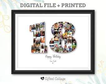 18th Birthday Photo Collage, Personalized custom number picture digital A4 printable men women anniversary gift present idea for him her