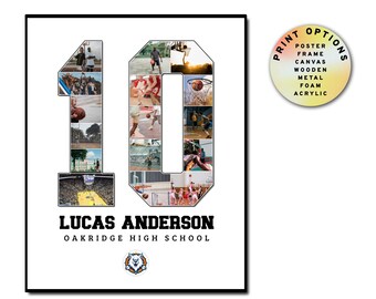 Custom Basketball Jersey Collage, Any Number, Personalized Player Gift, End of Season, Thank You Gift, Framed Poster, Wooden/Metal