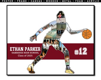 Personalized Basketball Photo Collage, Gift for Player, Senior Night Farewell, Sports Memory Print, Frame Poster Canvas