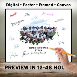 Könnte beinhalten: Ein weißer Poster mit schwarzem Rand und einem Foto eines Footballteams in der Mitte. Das Foto ist von einem weißen Spritzereffekt umgeben. Der Poster hat den Text "THANK YOU COACH ETHAN for leading the way!" und viele Unterschriften in schwarzer, blauer, grüner, rosa und roter Tinte.