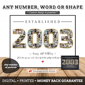 Könnte beinhalten: Ein weißer Hintergrund mit dem Text "ESTABLISHED 2003" in goldenen Buchstaben. Die Zahlen bestehen aus einer Collage von Fotos. Der Text "happy 21st birthday" ist in Kursivschrift unter den Zahlen geschrieben. Der Text "We love you so much. Live life to the fullest and Keep lo" ist unter der Geburtstagsnachricht geschrieben. Ein kleines quadratisches Bild in der rechten unteren Ecke zeigt ein ähnliches Design mit dem Text "ESTABLISHED 2003".