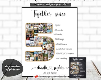 May include: A personalized photo collage in the shape of the number 5, with a gold frame. The collage is titled "Together since" and includes the names "charlie" and "sophia" and the date "08.25.2022". The collage also includes a list of time units, such as years, months, weeks, days, hours, minutes, and seconds, with the corresponding number of units for 5 years.