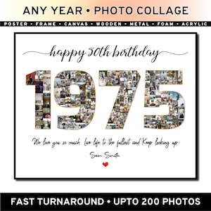 Collage photo personnalisé anniversaire 1975, collage photo né en 1975, 50e affiche numérique encadrée sur toile, cadeau personnalisé 50 ans