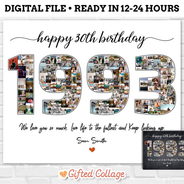 1993 Birthday Photo Collage, 30th Birthday Digital Framed Poster Canvas, Personalized Custom Anniversary Collage, Number 1993 collage #BD01