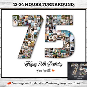 Custom 75th Birthday Photo Collage, 75th Digital Framed Poster Canvas, 75 Year Old, Personalized Number 75 Photo Collage Gift #BD02