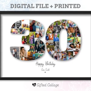 30th Birthday Photo Collage, Personalized custom number picture digital A4 printable men women anniversary gift present idea for him her