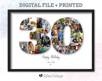 30th Birthday Photo Collage, Personalized custom number picture digital A4 printable men women anniversary gift present idea for him her