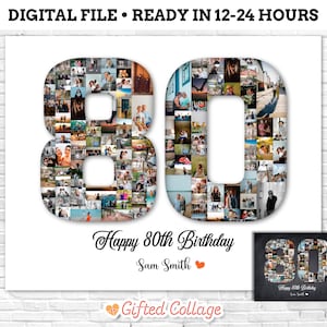 Collage de fotos de cumpleaños número 80, lienzo de póster enmarcado digital número 80, collage de número de foto personalizado personalizado, regalo de collage número 80 #BD02