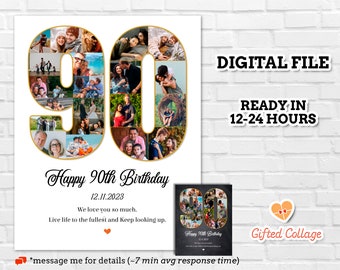 Collage de fotos de 90 cumpleaños, personalizado con imágenes, decoración de fiesta de collage de fotos personalizado, regalo de 90 años #BD02