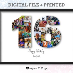 16th Birthday Photo Collage, Personalized custom number picture digital A4 printable men women anniversary gift present idea for him her