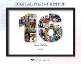 16th Birthday Photo Collage, Personalized custom number picture digital A4 printable men women anniversary gift present idea for him her