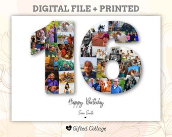 16th Birthday Gift, 16th Birthday Photo Collage, Number Photo Collage, Photo Collage Gift