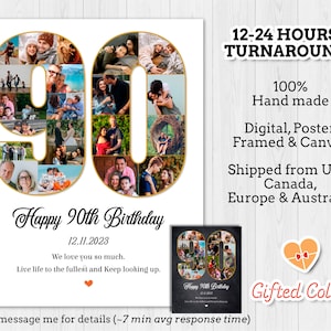Custom 90th Birthday Photo Collage, 90 Year Old, Personalized Number 90 Photo Collage Gift, 90th Digital Framed Poster Canvas #BD02