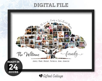 May include: A digital file of a photo collage in the shape of a tree. The collage is filled with family photos and the text "The love of family is life's greatest blessing" is written above the tree. The text "The Williams family" is written below the tree. The names "James, Mary, Robert, Patricia, John, Jennifer" are written below the family name. The text "Ready in 24 hours" is in a circle at the bottom left of the image. The text "Gifted Collage" is at the bottom right of the image.