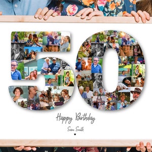50th Birthday Photo Collage, Personalized custom number picture digital A4 printable men women anniversary gift present idea for him her