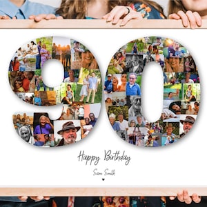90th Birthday Photo Collage, Personalized custom number picture digital A4 printable men women anniversary gift present idea for him her