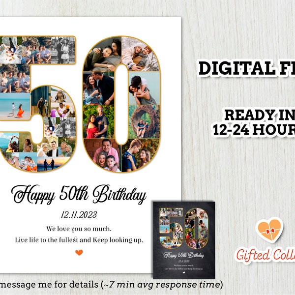 50th Birthday Photo Collage, 50th Birthday Gift Idea For Him Her, Personalized 50th Photo Collage, Digital Number 50 Collage Gift #BD02