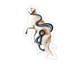 May include: A sticker featuring a white and tan Borzoi dog with a blue snake wrapped around it. The dog is standing on its hind legs, with the snake in its mouth. The artwork has a detailed, illustrative style.