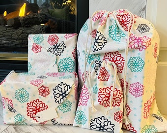 Bright Snowflake REUSABLE gift bags AND wraps | Holiday | Flannel Drawstring Gift Bags | Furoshiki | Ecofriendly gift wrapping